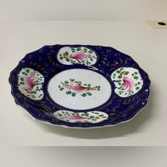 19th Century Vintage Gaudy Welsh Feather Pattern Square Scalloped Plate - Picture 14 of 15